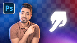 Man in brown polo shirt pointing at large white hand cursor icon against blue-to-purple gradient background.