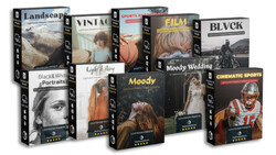 Collection of photography preset and filter software boxes arranged in rows.