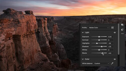 Screenshot of Adobe Lightroom's editing panel displaying adjustment sliders for a canyon landscape photo at sunset.