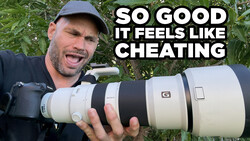 Photographer holding a white telephoto lens outdoors with text overlay saying "SO GOOD IT FEELS LIKE CHEATING."