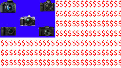 Graphic illustration showing five DSLR and mirrorless cameras arranged on a blue background with red dollar signs.
