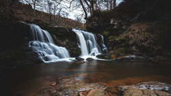 Two cascading waterfalls flowing into a dark pool surrounded by bare trees and moss-covered rocks.