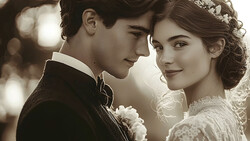 Bride and groom in close profile, exchanging an intimate glance during their wedding ceremony.