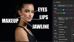 Screenshot of makeup editing software showing facial features labeled with beauty filter options.