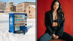 Split-screen comparison of a vending machine in snow and a studio portrait of a woman against a red backdrop.