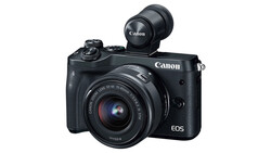 Canon EOS M6 Mark II mirrorless camera with EF-M 15-45mm lens and electronic viewfinder mounted on top.