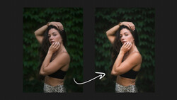 Before-and-after comparison showing portrait retouching adjustments on a woman posing against green foliage.
