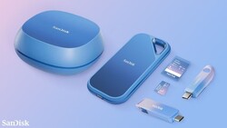 SanDisk portable storage devices and accessories arranged on a blue gradient background.