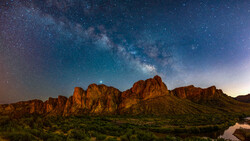 Desert rock formations silhouetted against a starry night sky with the Milky Way visible overhead.