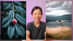 Triptych of nature and portrait photography featuring a red berry on blue-green leaves, a smiling person against a pink background, and a figure in a field by a lake.