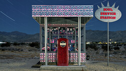 Retro-style service station kiosk in desert landscape at night with neon signage and ornamental patterns.