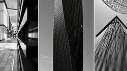Three black and white architectural photographs showcasing geometric lines and urban structures.