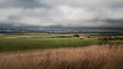 Rolling farmland with distant homestead under overcast sky and wheat field foreground.