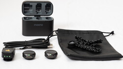 Maono wireless microphone system with charging case, transmitters, receiver, USB cable, and drawstring storage pouch.
