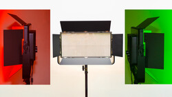 Three studio LED panel lights shown from the side with wings open, illuminated against red, neutral, and green backgrounds.