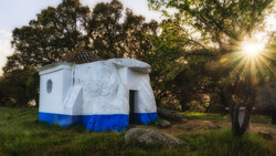 White and blue painted structure in a grassy field with sunlight streaming through trees at sunset.