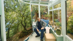 Man in plaid shirt crouching in sunlit conservatory with forest mural and potted plants.