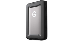 Rugged external hard drive with black protective case and gray front panel displaying a G logo.