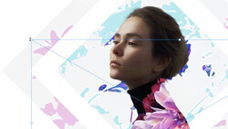 Woman in profile wearing colorful floral garment against geometric abstract background with blue and pink watercolor shapes.