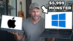 Man holding an Apple laptop and Windows laptop, with text indicating a $5,999 price point.