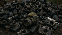 Pile of discarded film cameras with weathered black bodies and visible lens elements.
