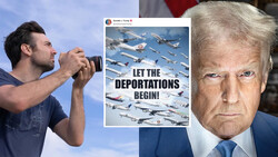 Composite image showing photographer with camera, political figure portrait, and social media post with aircraft graphic.