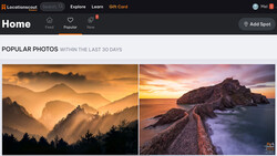 Split-screen comparison of golden misty mountains and a dramatic coastal sunset with rocky jetty.