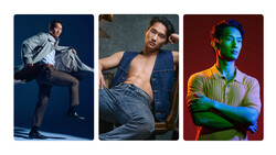Three male portrait photographs with different lighting setups and color grading on solid backgrounds.