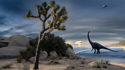 Composite illustration combining desert landscape with Joshua tree, dinosaur, and surreal sky elements.