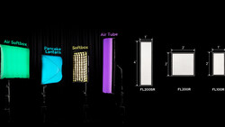 Graphic showing seven lighting equipment models with dimensions and specifications displayed against a black background.