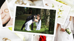 Wedding photographer's portfolio layout with printed photos and gold rings arranged on white surface.