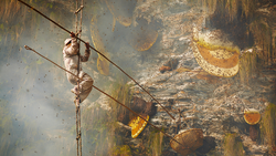 Person rappelling down a weathered, rust-stained concrete wall with rope and climbing gear.