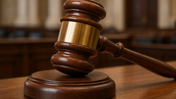 Wooden judge's gavel with brass band resting on sound block in courtroom setting.