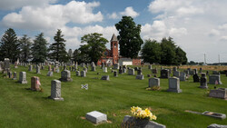 Cemetery landscape with gravestones, green grass, flowering arrangement, and brick church with steeple in background under partly cloudy sky.