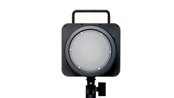 Square LED panel light with diffusion dome mounted on an adjustable stand with handle.