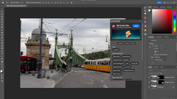 Screenshot of photo editing software showing street scene with tram and historic architecture.