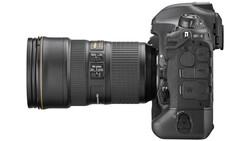 Professional DSLR camera with telephoto lens attached, shown in side profile view.