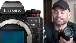Panasonic Lumix S1 mirrorless camera body displayed alongside a photographer holding a compact telephoto lens.