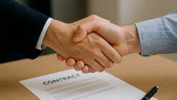 Two people in business attire shaking hands over a contract on a wooden desk.