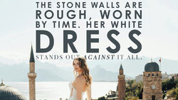 Bride in white dress photographed from behind against waterfront cityscape with historic mosques and minarets.