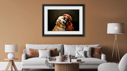 Framed portrait of a brown and white dog looking upward against a dark background.