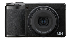 Ricoh GR compact digital camera with fixed 18.3mm lens, displayed from above against white background.