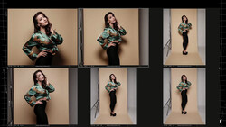 Contact sheet showing six variations of a portrait session with a woman in a patterned teal jacket against a neutral background.