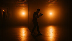 Silhouetted photographer holding camera in studio with warm amber lighting and reflective floor.