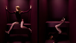Diptych showing a female figure in dynamic poses on geometric platforms against a deep purple backdrop.
