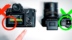 Comparison graphic showing a camera with menu screen marked with red X versus camera equipment with green checkmarks.