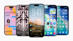 Five iPhones displaying various apps and interfaces including messaging, music playback, lock screen, and home screens.