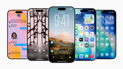 Five iPhones displayed in a row showing various home screens, lock screens, and app interfaces with different wallpapers and layouts.
