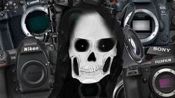 Skull illustration centered among professional camera bodies from Nikon, Canon, Sony, and Fujifilm.
