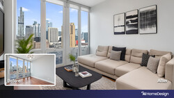 Before and after comparison of a high-rise apartment living room redesign with updated furnishings and styling.